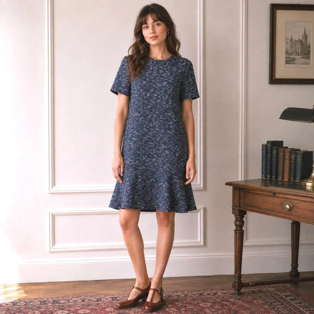 Tory Burch Womens Navy Tweed Dress Size L Boucle Preppy Academia Old Money Ivy